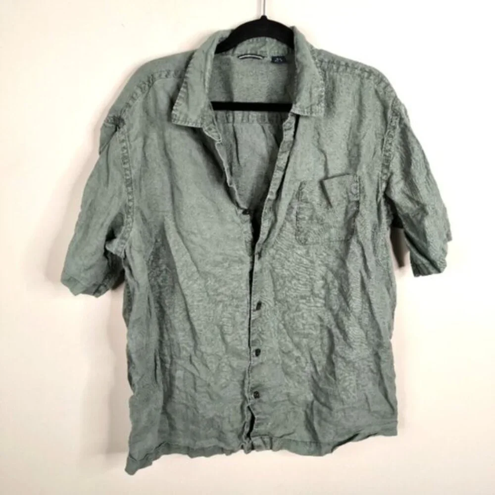 Gap Pure Linen Mens Coastal Resort Beach Holiday Forest Military Green Shirt XL - Picture 2 of 9